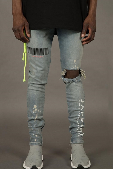 Men's New Stylish Letter Bar Code Printed Light Blue Skinny Ripped Jeans with Holes