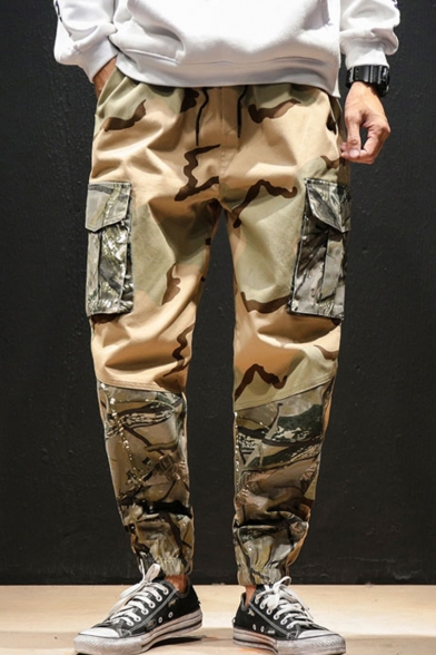 Men's Popular Fashion Camouflage Printed Drawstring Waist Casual Tapered Cargo Pants with Side Pockets