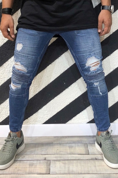 Men's Popular Fashion Knee Pleated Design Blue Skinny Ripped Biker Jeans