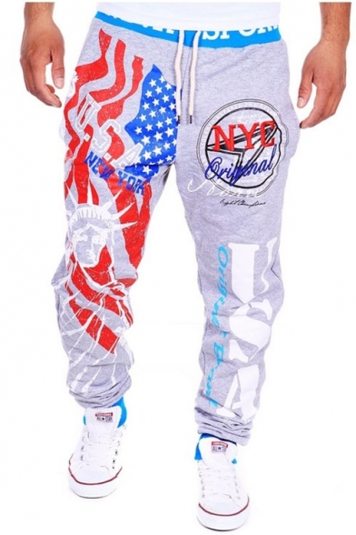 Men's Popular Fashion Letter USA Statue of Liberty Printed Drawstring Waist Loose Fit Casual Sweatpants