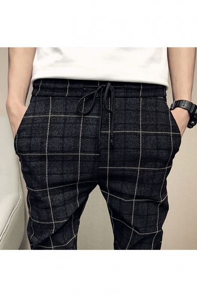 Men's Popular Fashion Plaid Pattern Drawstring Waist Black Casual Slim Pencil Pants