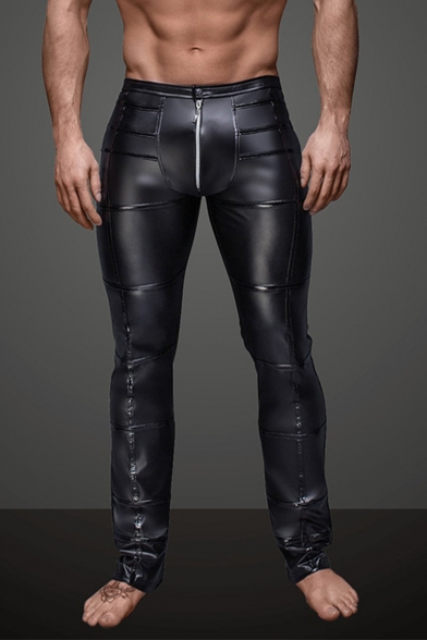 Men's Sexy Fashion Solid Color Zip-fly Black Skinny Leather Pants