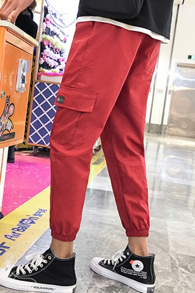 Men's Simple Fashion Solid Color Flap Pocket Drawstring Waist Elastic Cuffs Cotton Cargo Pants