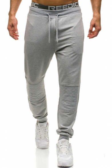 Men's Simple Fashion Solid Color Knee Quilted Patched Drawstring Waist Cotton Sweatpants