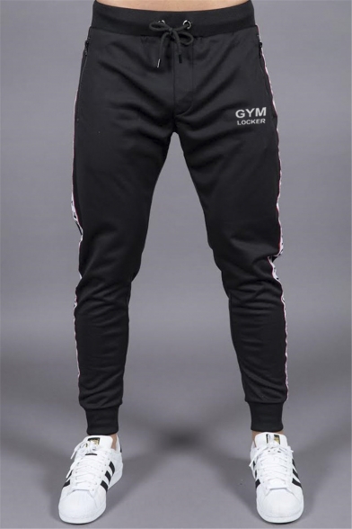 Men's Stylish Letter GYM Printed Tape Patched Side Drawstring Waist Zipped Pocket Casual Training Sweatpants