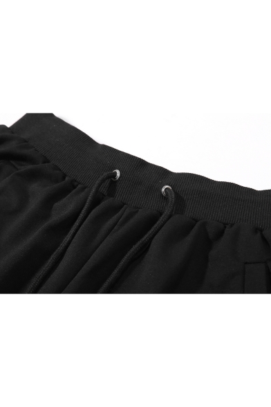 Men's Summer Trendy Fire Printed Drawstring Waist Black Cotton Relaxed Sweat Shorts