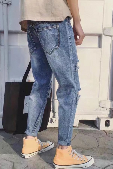 Men's Trendy Simple Plain Knee Cut Light Blue Distressed Ripped Jeans