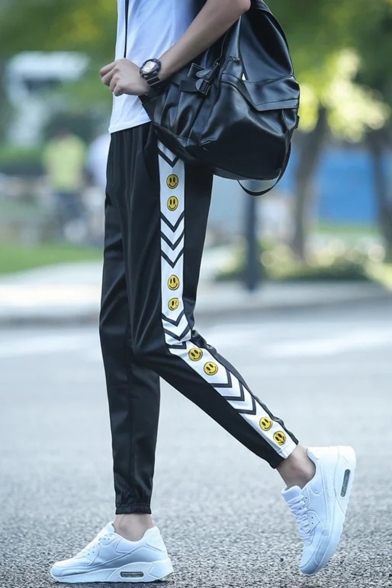 Men's Trendy Stripe Emoji Printed Elastic Cuffs Black Casual Track Pants