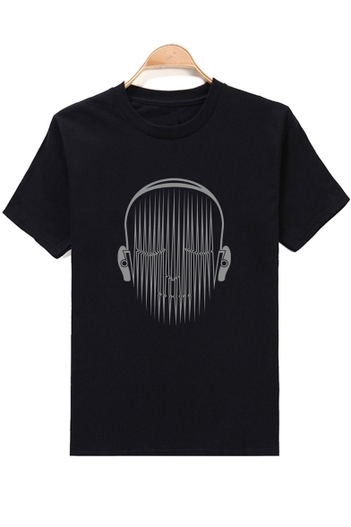 Mens Cool Portrait with Earphone Print Short Sleeve T-Shirt