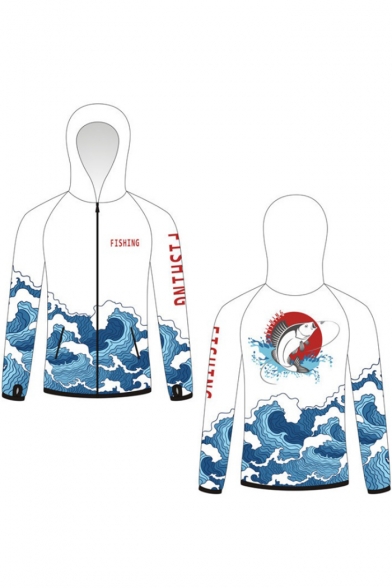 Mens Fashion Ukiyo-e Style Wave Carp Print Outdoor Breathable Zip Up Fishing Hoodie Coat