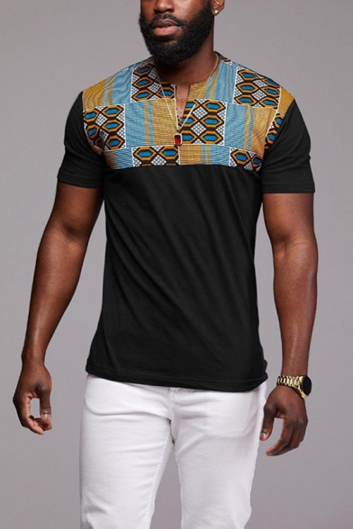 Mens Retro African Style Tribal Print V-Neck Short Sleeve Fitted T-Shirt
