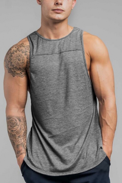Mens Summer Casual Loose Simple Solid Color Round Neck Sleeveless Training Sport Tank Top