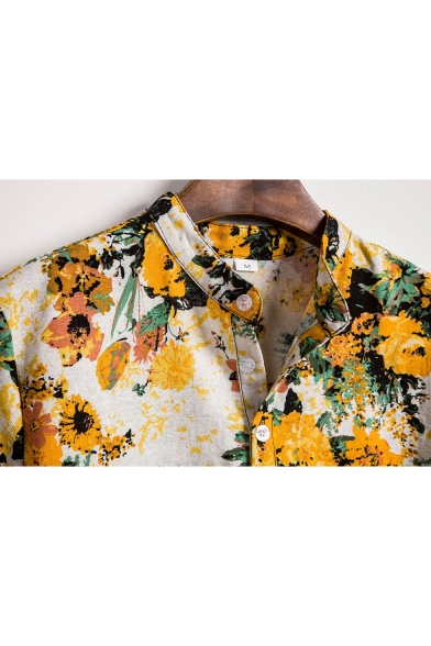 Mens Summer Chic Yellow Floral Printed Short Sleeve Loose Fit Shirt