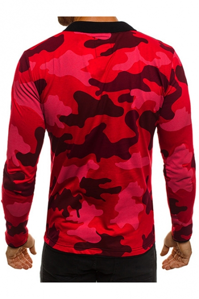 Mens Trendy Camo Printed Half-Zip Front Slim Fitted Long Sleeve Polo Shirt