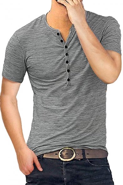 Mens Trendy Heather Color Button V-Neck Short Sleeve Slim Fitted Henley Shirt