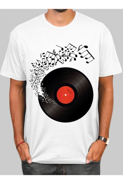 Musical Note Pattern Round Neck Short Sleeve White Casual T-Shirt