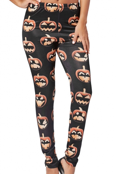 New Arrival Halloween Black Elastic Waist Pumpkin Print Skinny Pants Leggings for Women