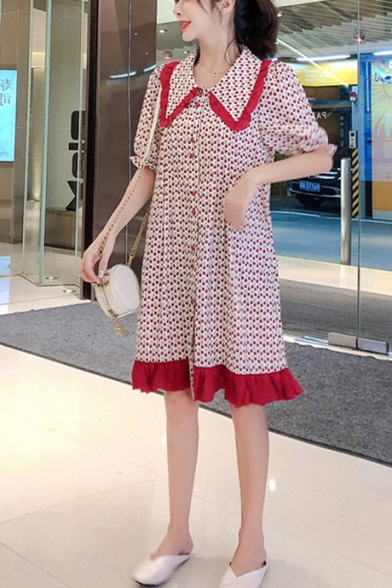 New Arrival Womens Red Cherry Printed Short Sleeve Lapel Collar Pleated Hem Midi Straight Dress