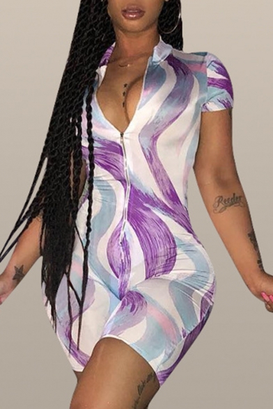 New Arrival Womens Tie Dye Short Sleeve Zip-Front Stretch Skinny Fitted Rompers