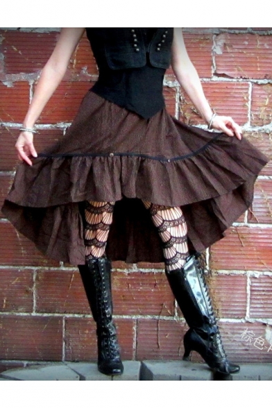 New Arrival Womens Vintage Brown Ruffle Hem Metal Embellished Chic Simple Loose Midi Skirt