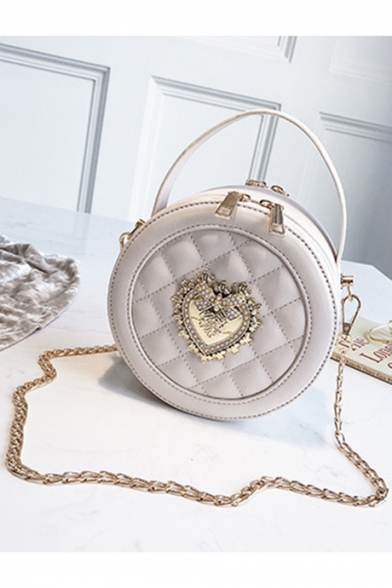 New Fashion Solid Color Rhinestone Bow Heart Decoration Top Handle Diamond Check Quilted Round Crossbody Bag 17*8 CM