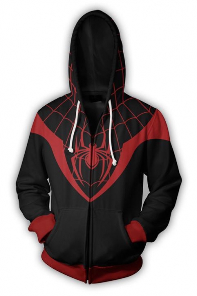 New Stylish Black and Red Spider Printed Long Sleeve Zip Up Loose Fitted Hoodie
