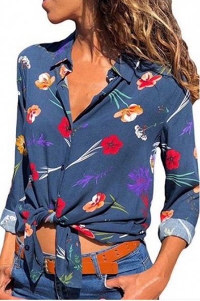 Xinantime Womens Casual Floral Print V-Neck Coat Loose Long Sleeve Pockets Elegant Hipster Printing T-Shirts