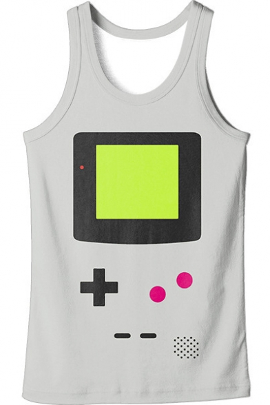 Popular Game Console Button Pattern Round Neck Sleeveless Grey Tank Top