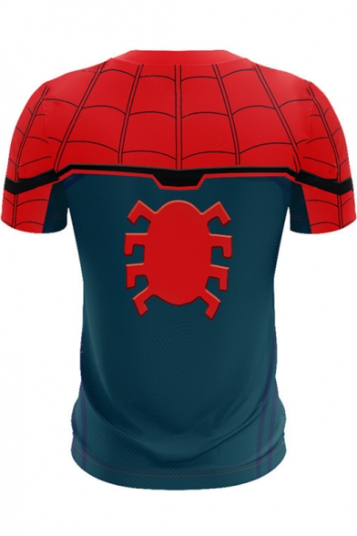 Popular Unique Red and Blue Spider Printed Round Neck Short Sleeve T-Shirt