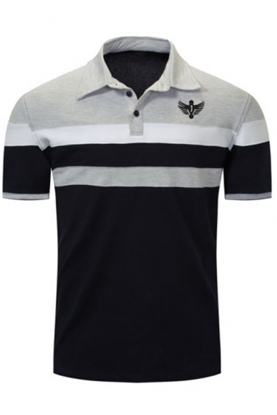 Simple Phoenix Logo Print Color Block Short Sleeve Slim Fit Polo Shirt for Men
