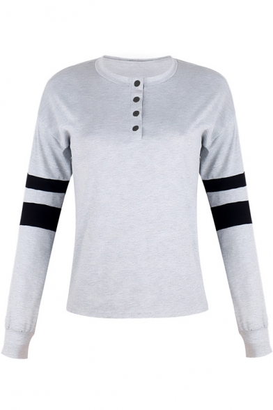 Stylish Button V-Neck Striped Long Sleeve Loose Fit T-Shirt