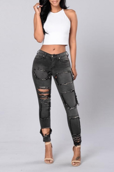 Stylish Unique Destroyed Ripped Hole Patchwork Women's Grey Skinny Fit Jeans