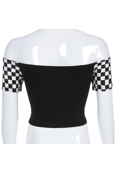 Summer Cool Letter KISSGOOD Black Checkerboard Printed Short Sleeve Off the Shoulder Cropped T-Shirt