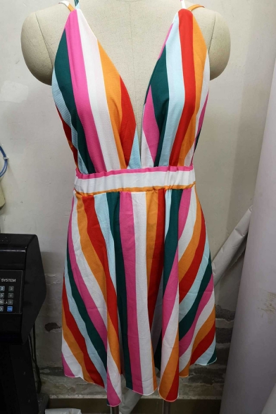 Summer Fancy Colorful Striped Print Sexy Plunging V-Neck Sleeveless Mini A-Line Slip Dress