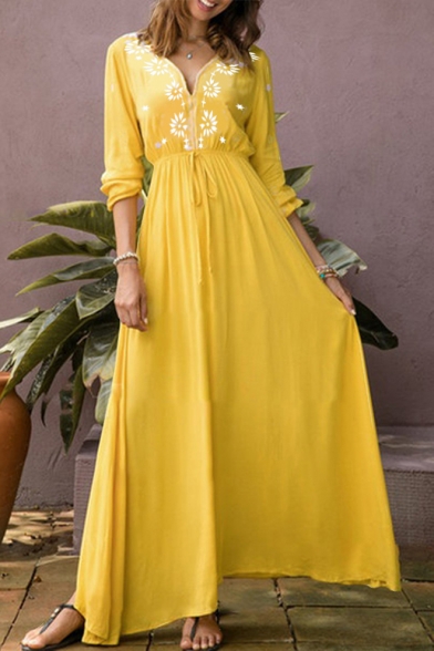 Summer Fashion Boho Style V-Neck Long Sleeve Drawstring Waist Maxi Yellow Swing Dress