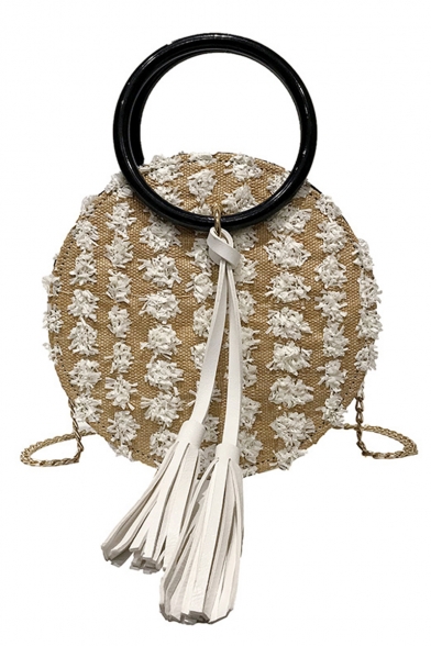 Summer Fashion Colorblock Ring Handle Tassel Embellishment Straw Round Crossbody Handbag 21*21*7 CM