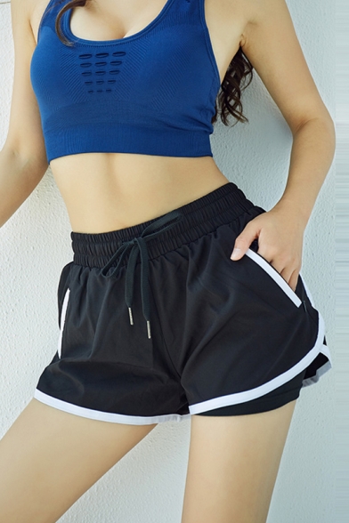 Summer Fashion High Rise Contrast Trim Fake Two-Piece Breathable Casual Yoga Pull On Shorts