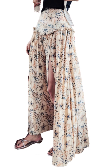 Summer Fashion High Waist Beige Floral Print Split Front Maxi Boho Skirt