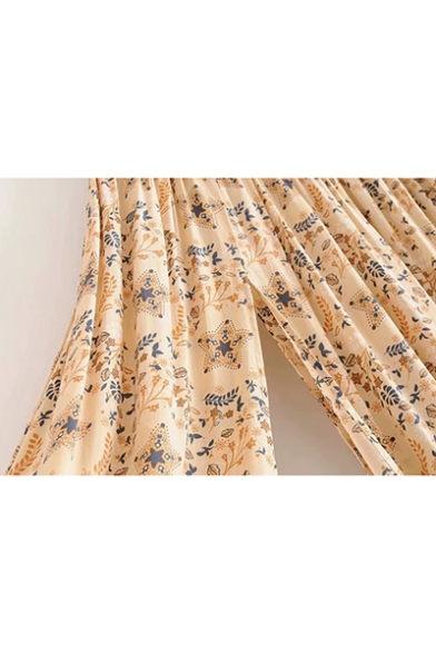 Summer Fashion High Waist Beige Floral Print Split Front Maxi Boho Skirt