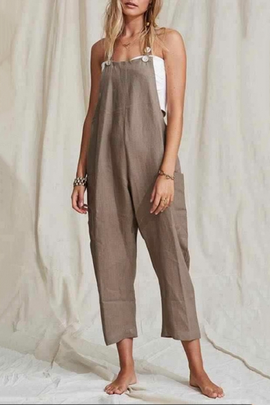 Summer Girls New Stylish Plain Cotton and Linen Pocket Side Casual Loose Overall Jumpsuits