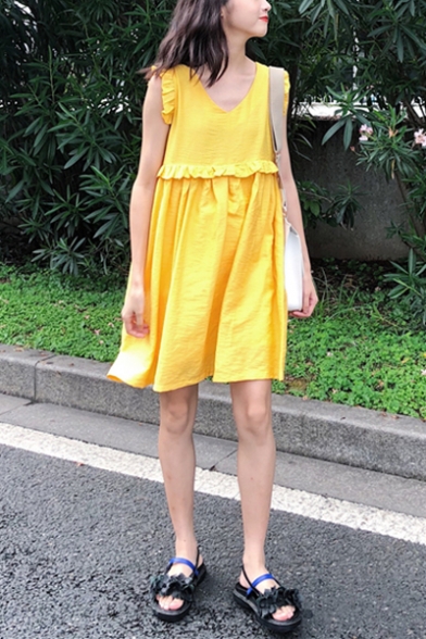 Summer Girls Stylish Solid Color V-Neck Ruffled Hem Mini Smock Dress