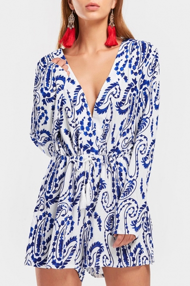 Summer Holiday Plunge V- Neck Hollow Out Drawstring Waist Blue and white Porcelain Long Sleeve Casual Loose Rompers
