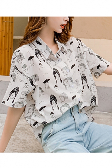 Summer Hot Fashion Chic Cartoon Print Button Down Short Sleeve Loose Leisure Shirts