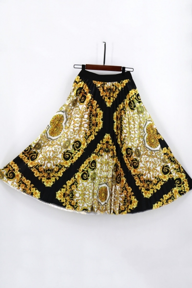 Summer Hot Fashion Elastic Waist Court Style Print Casual Pleated Midi Skirt