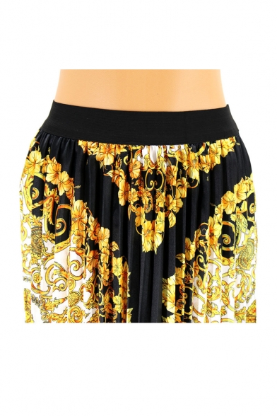 Summer Hot Fashion Elastic Waist Court Style Print Casual Pleated Midi Skirt