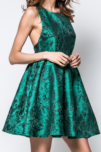 Summer Hot Fashion Green Sleeveless High Waist Zip-Back Jacquard Tank Dress