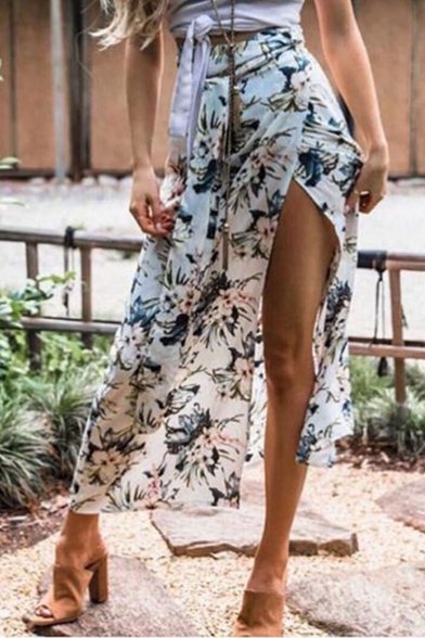 Summer Sexy Boho High Waist Split Side White Floral Print Maxi Wrap Skirt