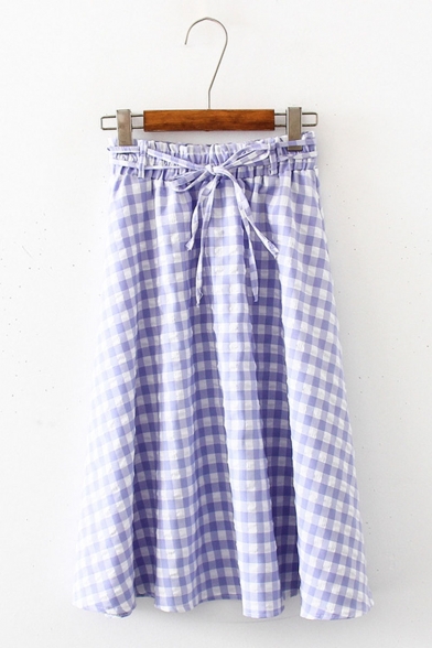 Summer Hot Stylish Check Print Bow-Front Elastic Waist Flare Mini A-Line Skirt