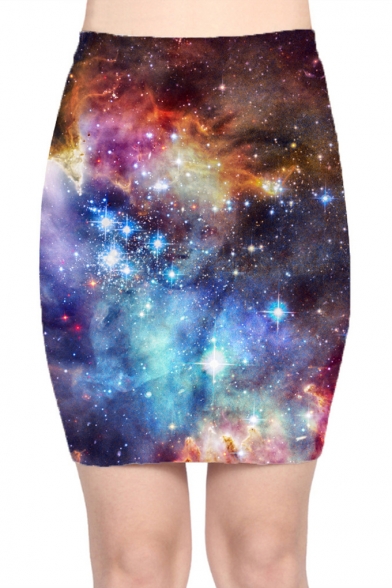 Summer Hot Stylish Galaxy Print High Waist Shaped Mini Skirt for Women