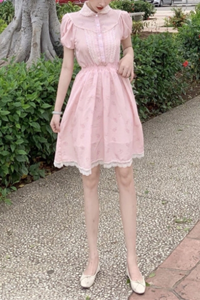 Summer Hot Stylish Pink Printed Vintage Puff Sleeve Elastic Waist Patch Lace Trim Mini A-Line Dress